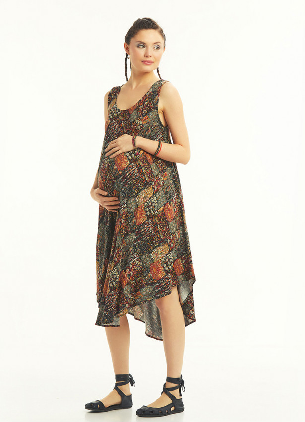 Khaki Patterned Scoop Neck Round Hem Sleeveless Maternity Dress